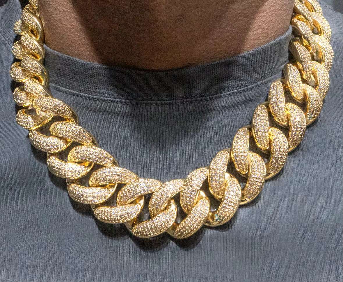 25MM Solid 925 Silver Hip Hop Cuban Link Chain 18K Gold Plated with Studded VVS1 Moissanite Diamond Passes Tester 16-30 Inches