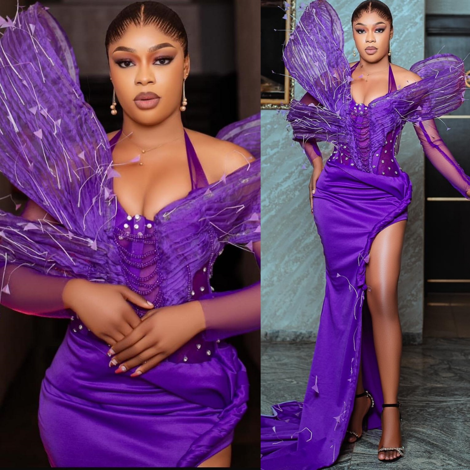 Purple Mermaid Prom Dresses 2025 Beaded Crystals Feather Satin Evening Formal Party Second Birthday Engagement Gowns Plus Size Dress For Special Occas