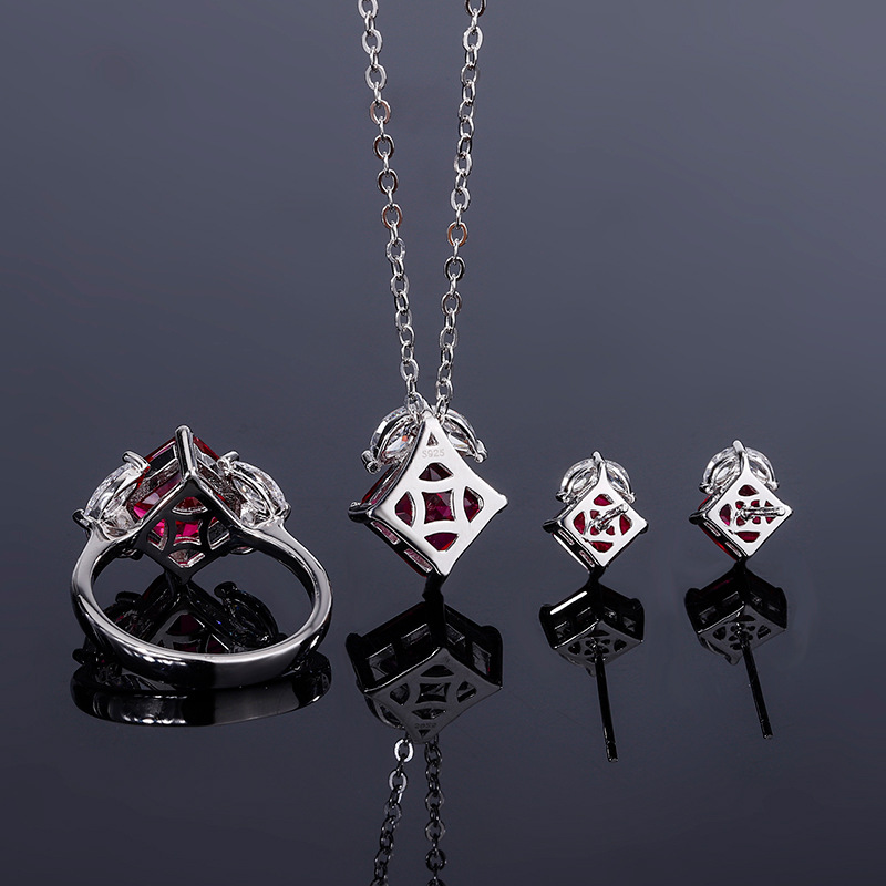 S925 Silver Simple Design Faux Ruby and Sapphire Square Ring and Earrings Set, Perfect for Daily Wear, Main Stone 99, Side Stone 66, Elegant Fashion W