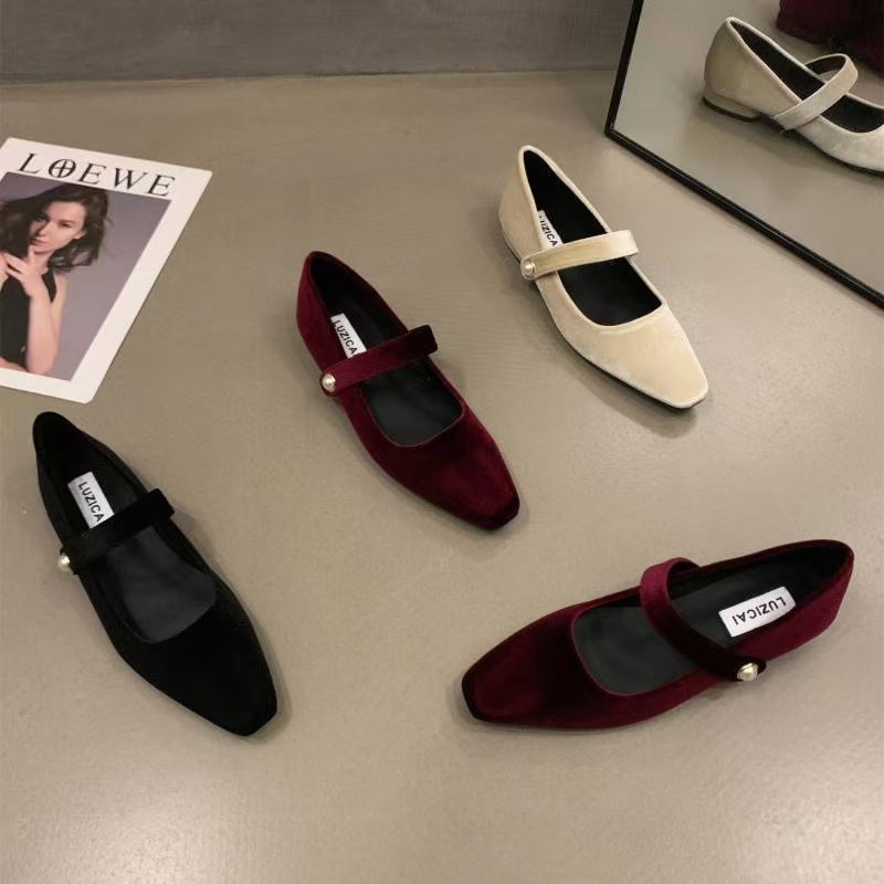 Elegant Pearl Buckle Velour Mary Jane Shoes Woman Concise Veet Ballet Flats Ladies Evening Party Low Heel Pumps In Wine-Red 240927