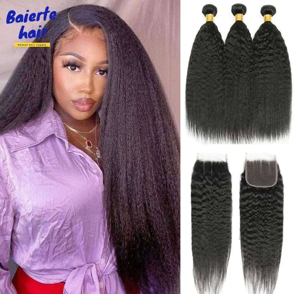 8-30Inch Remy Kinky Human Yaki Straight Bundles Hair Weft With 4X4 Lace Frontal Closure