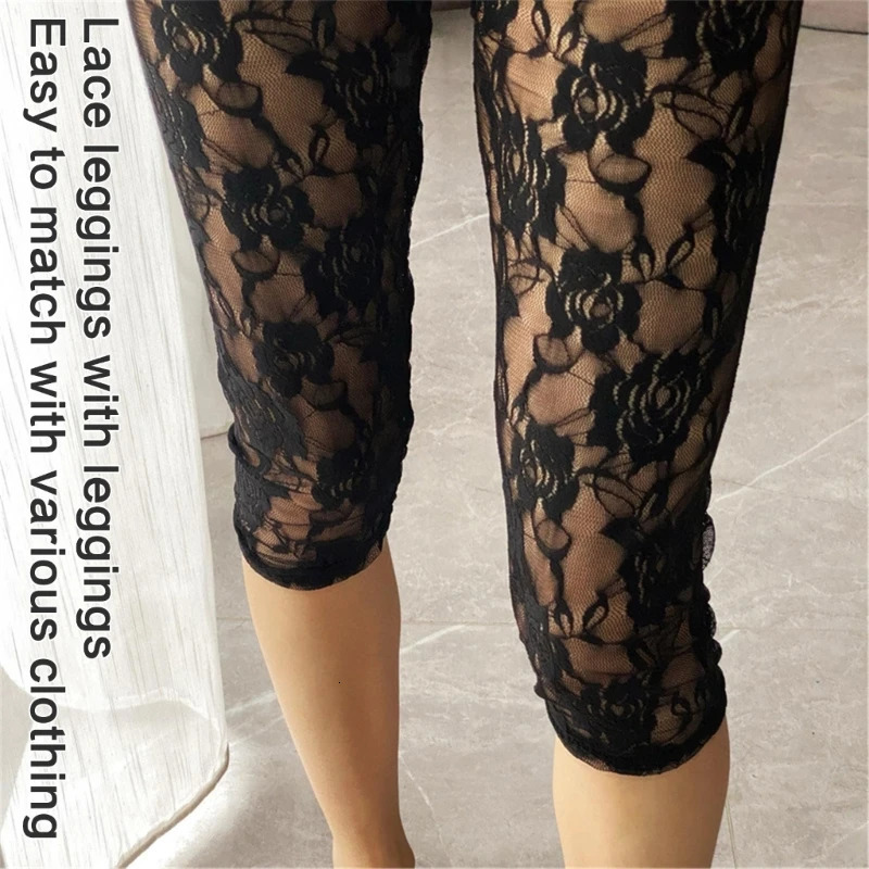 Womens Under Skirt High Waist Sheer Mesh Shorts Cropped Pants See Through Flower Lace Bodycon Capris Leggings Tights 250612