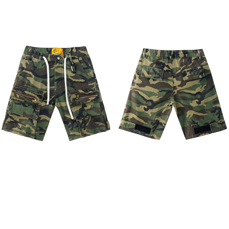 Europe Drawstring Camo Green Streetwear Cargo Washed Denim Shorts Jeans Pants for Men 25ss 0612