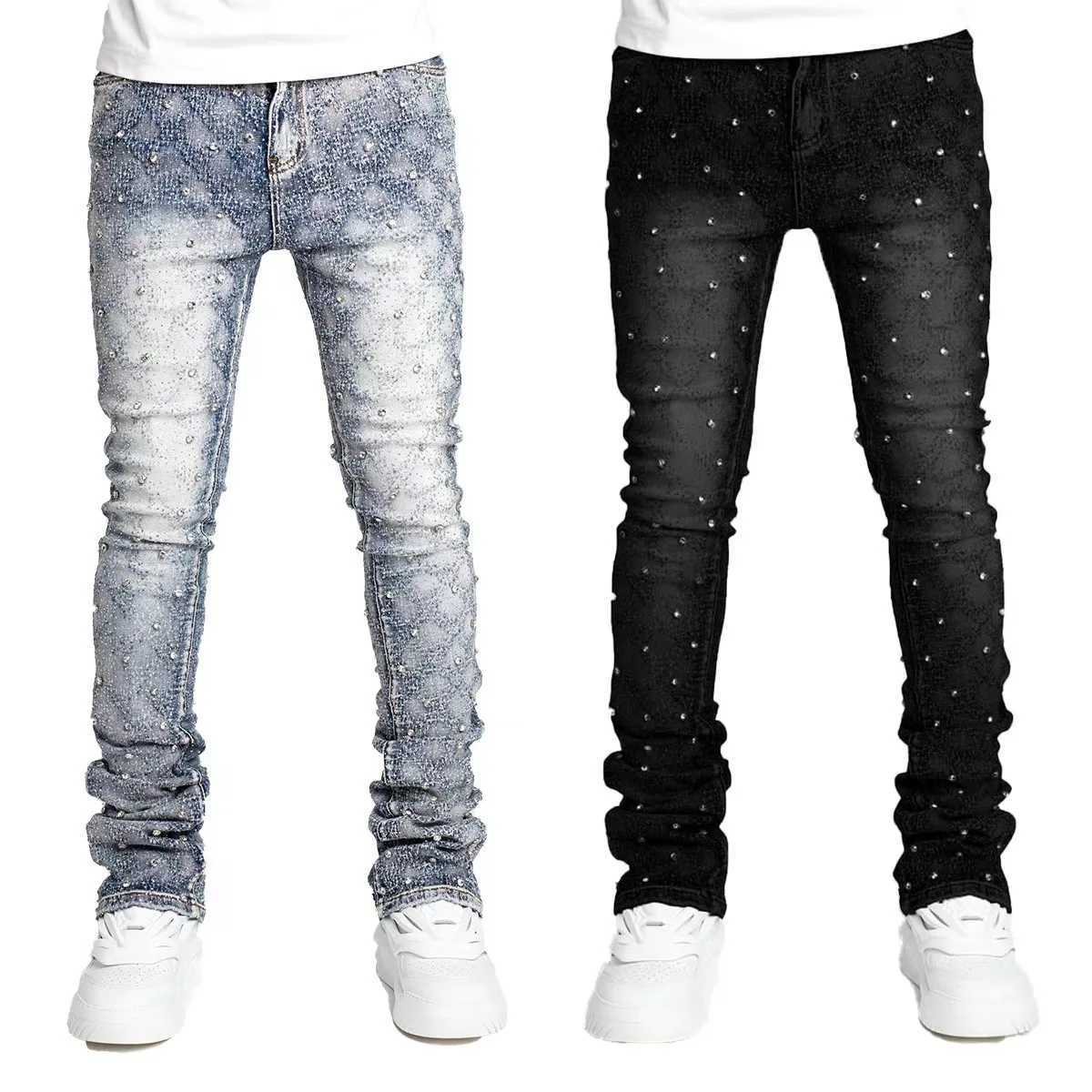 Blue Stretchy Pearls Skinny Jeans For Men 2024 New Fashion Rhinestone European Street Personality Stacked Denim Pants W250612