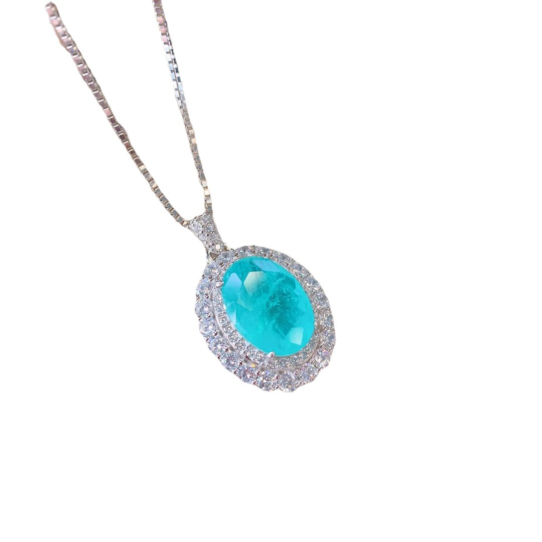 S925 Silver Classic Faux Paraiba Stone Ring Earrings Pendant Three-Piece Set, Wedding Jewelry Set, Stylish High-Quality Faux Gemstone Accessories