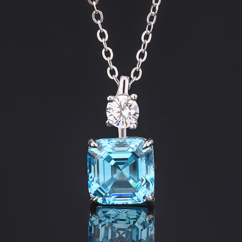 S925 Silver Ascher-Cut Blue & Yellow Gemstone Pendant Necklace & Earrings Set with High-Carbon Diamonds, Elegant Jewelry for Women