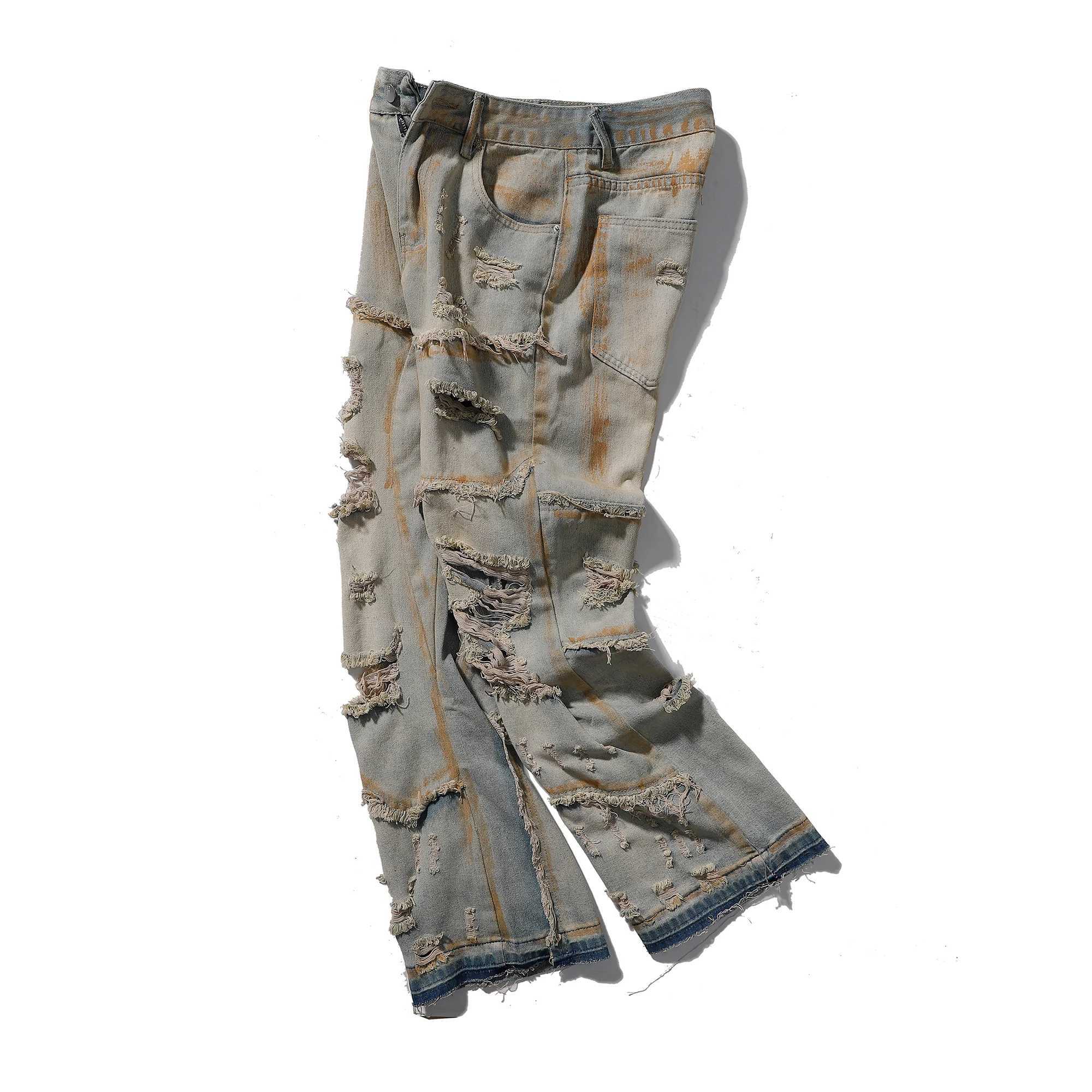 Vintage Splash-ink Skinny Ripped Jeans Man Distressed Denim Washed Pants Hip Hop Destroyed Slim Flare Jean Streetwear Y2k Hole W250612