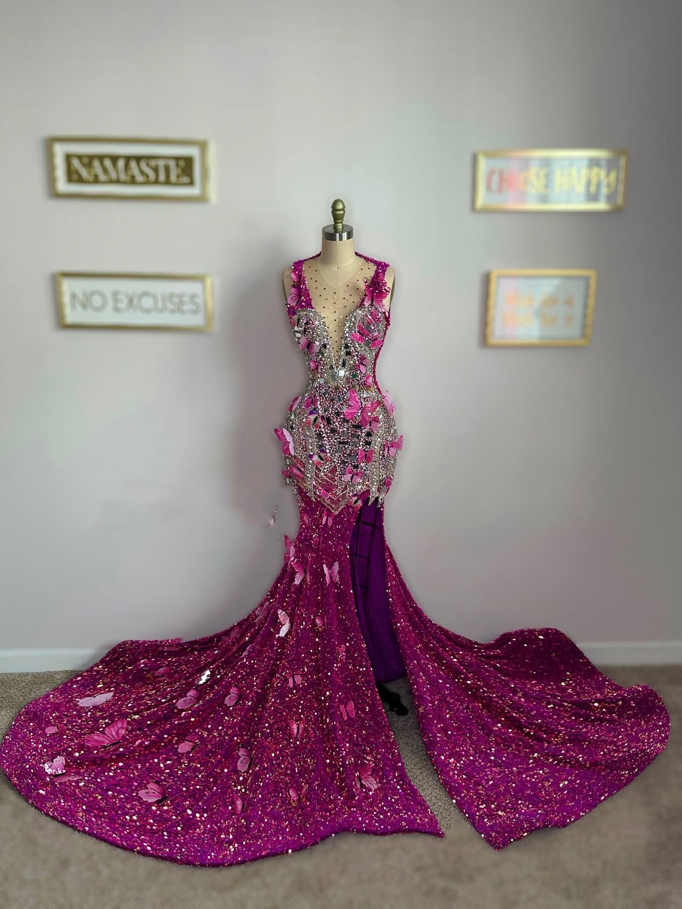 Fuchsia Mermaid Prom Dresses 2025 Crystals Beaded Florals Sequined Evening Formal Party Second Birthday Engagement Gowns Plus Size Dress For Special O