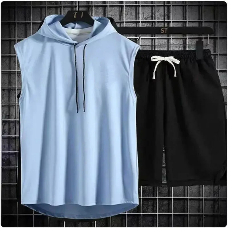 selling mens oversized sports suit sleeveless hooded Tshirt shorts pants vest twopiece set summer gym sports 250612