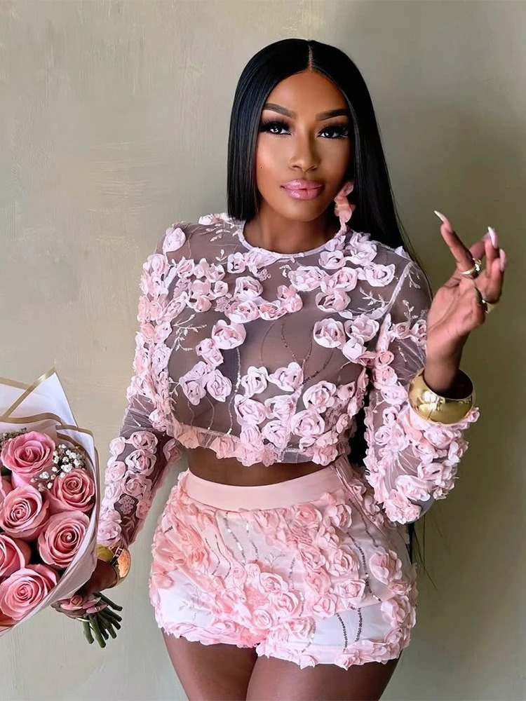 CMYAYA 3D Flower Womens Set Mesh See Through Long Sleeve Top and Shorts Suits 2025 Sweet Party Girl Two 2 Piece Sets Outfits 250612