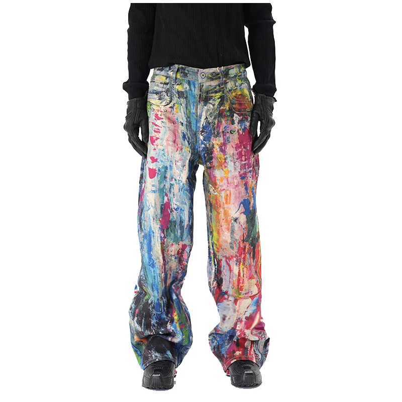 Original Vintage 3D Color Print Graffiti Baggy Jeans Men Y2K Splashed Ink Oil Painting Oversized Straight Leg Jeans Streetwear W250612