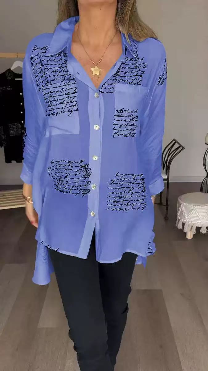 Newly Womens Button V Neck Letter Print Shirt Lace up Ladies Single Breasted Autumn Lantern Sleeve Loose Tops Blouse