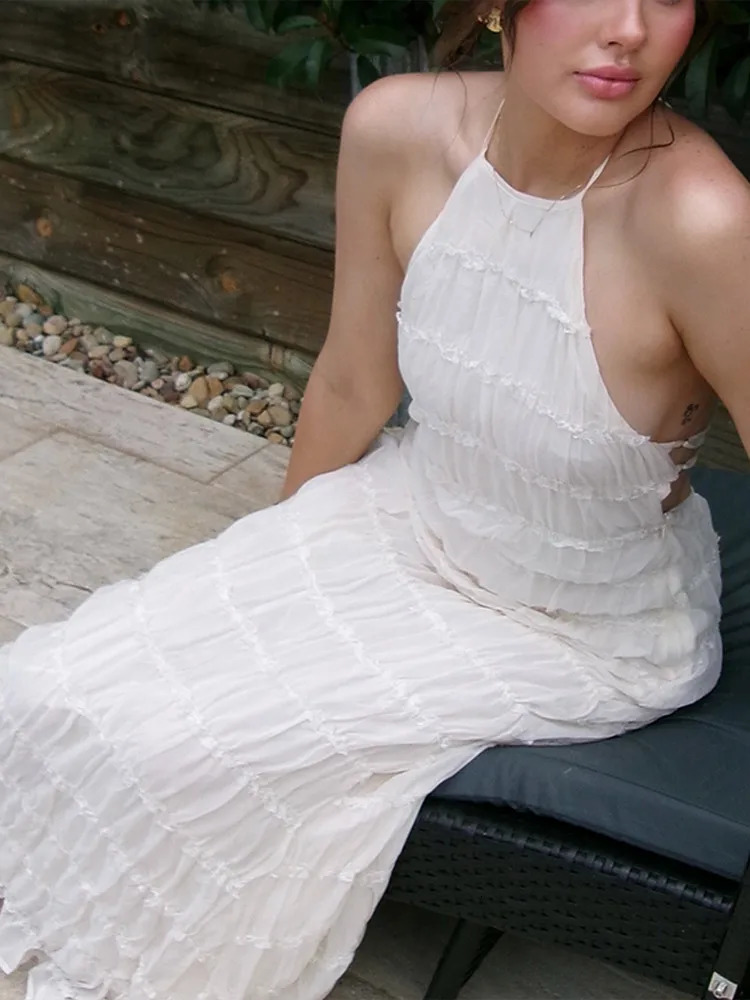 Elegant Pleated Halter Long Dresses Women Retro Sexy Slim Sleeveless Backless Beach Dress Female Chic Party Holiday Vestidos 250611