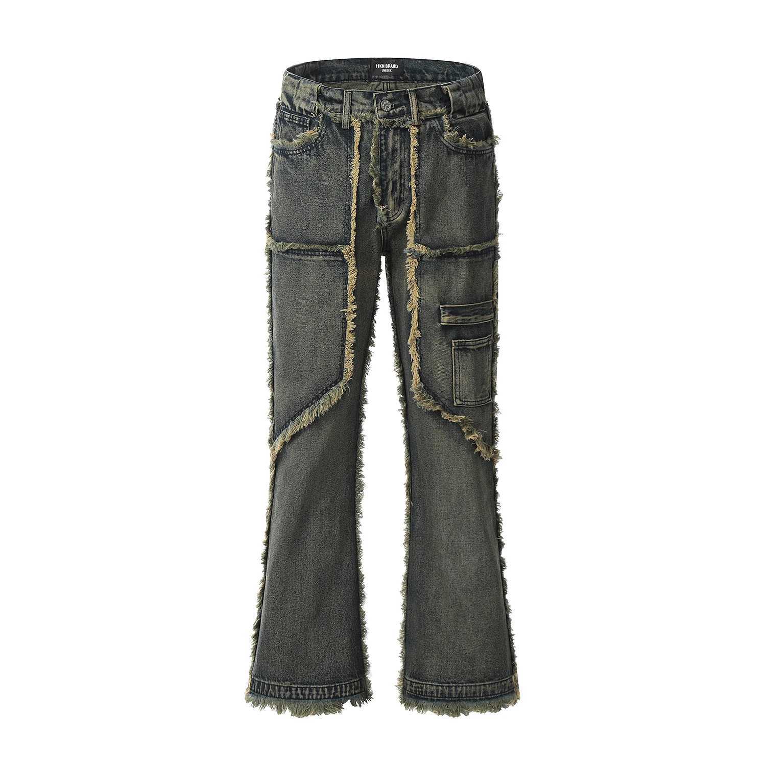 Mens Streetwear Y2k Heavy Craft Washed Flared Jeans Hip Hop Distressed Denim Pants Women Slim Straight Tassel Jeans Raw Edge W250612