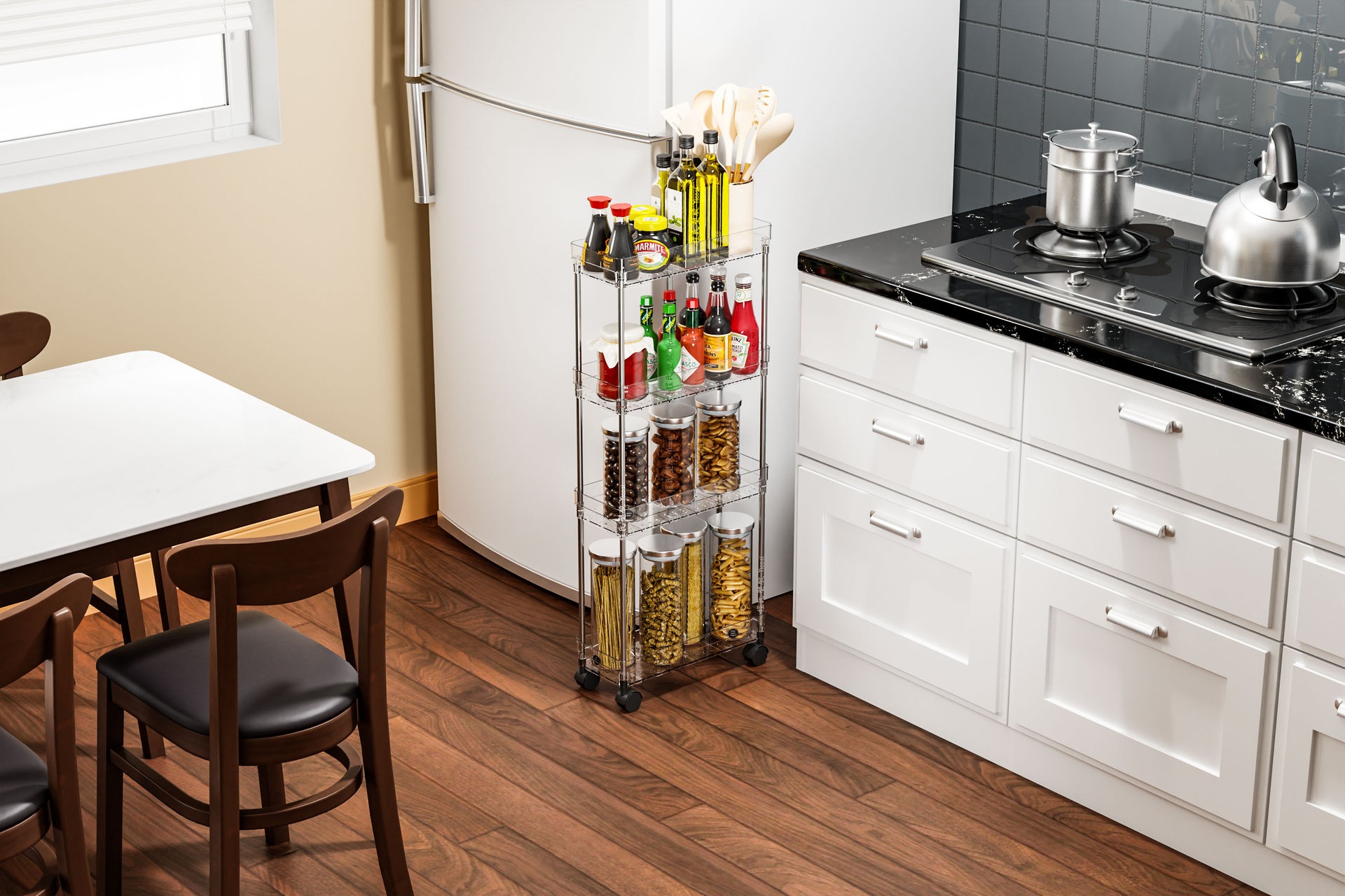 Rolling Storage Cart, Clear Utility Cart with Wheels - Movable Shelving Organizer for Bathroom, Laundry Room, Office, Living Room Storage