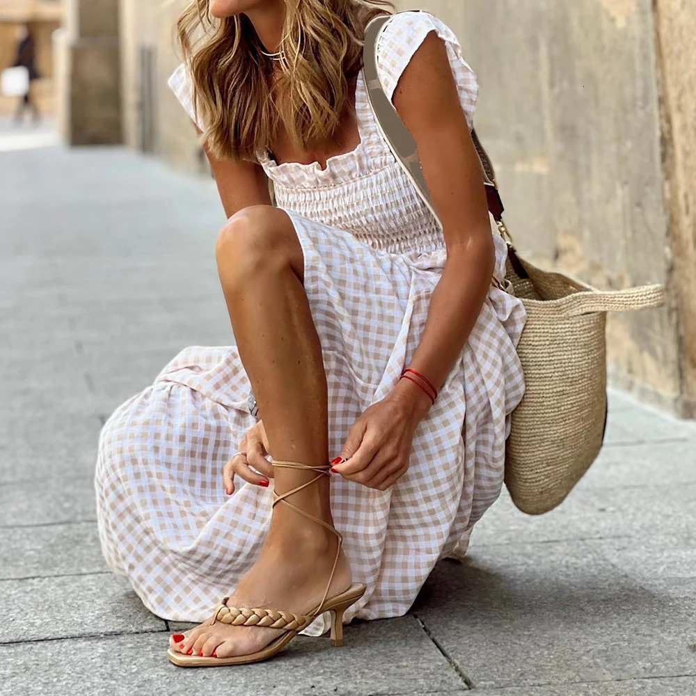 Womens Check Plaid Sleeveless Square Neck ALine Maxi Dress Summer Ladies Casual Vacation Holiday Beach Sundress Size S2XL 250611