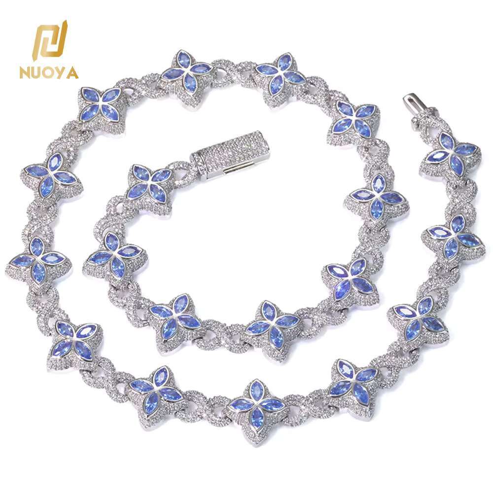 NUOYA Multi-color Vvs Moissanite Cuban Chain Necklace 925 Sterling Silver Hip Hop Jewelry Marquise Flower Design Cuban Chain