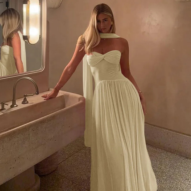 VEITCHE Summer Women Sexy Strapless Long Dress Female Through Mesh RobeHalter Scarf Mujer High Elasticity Maxi 250611