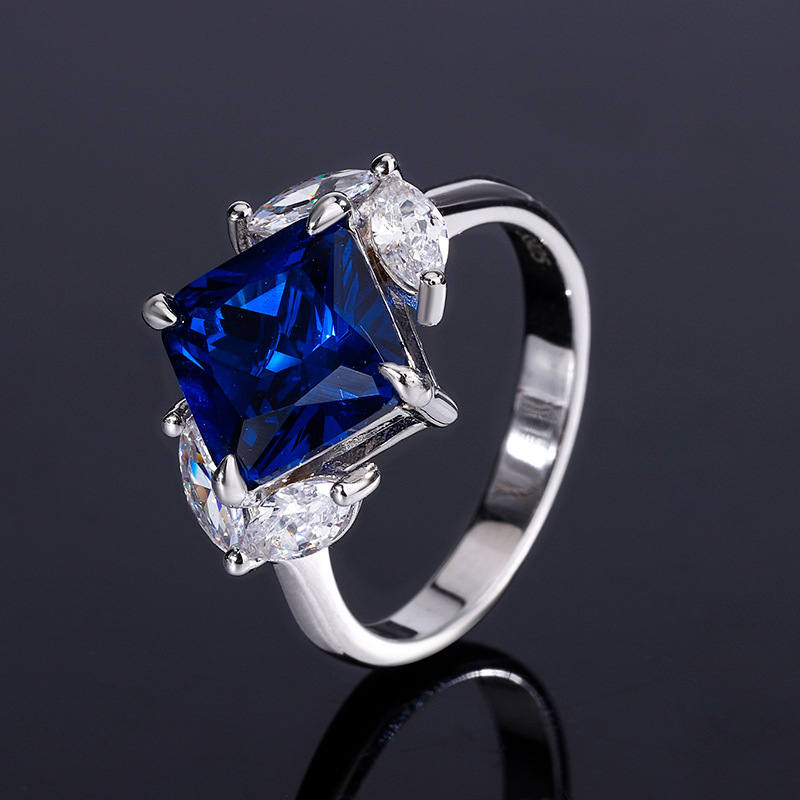 S925 Silver Simple Design Faux Ruby and Sapphire Square Ring and Earrings Set, Perfect for Daily Wear, Main Stone 99, Side Stone 66, Elegant Fashion W