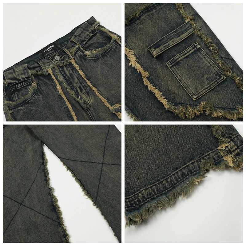 Mens Streetwear Y2k Heavy Craft Washed Flared Jeans Hip Hop Distressed Denim Pants Women Slim Straight Tassel Jeans Raw Edge W250612