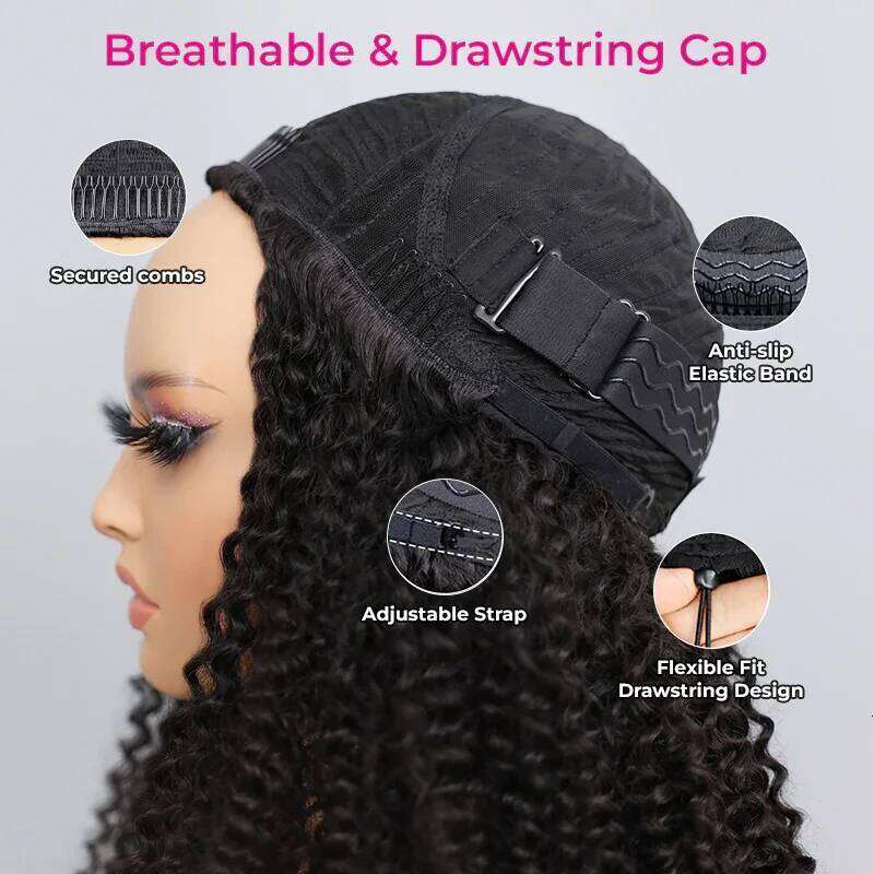 300% Glueless Wigs Human Hair Afro Kinky Curly Headband Upgrade 3 IN 1 Half Wig With Drawstring Seamless Clip Ins Flip Over