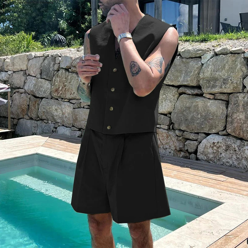 Summer Mens Solid Color Sets Casual V Neck Sleeveless Crop Vest Shorts 2 Piece Fashion Streetwear Suits 250612