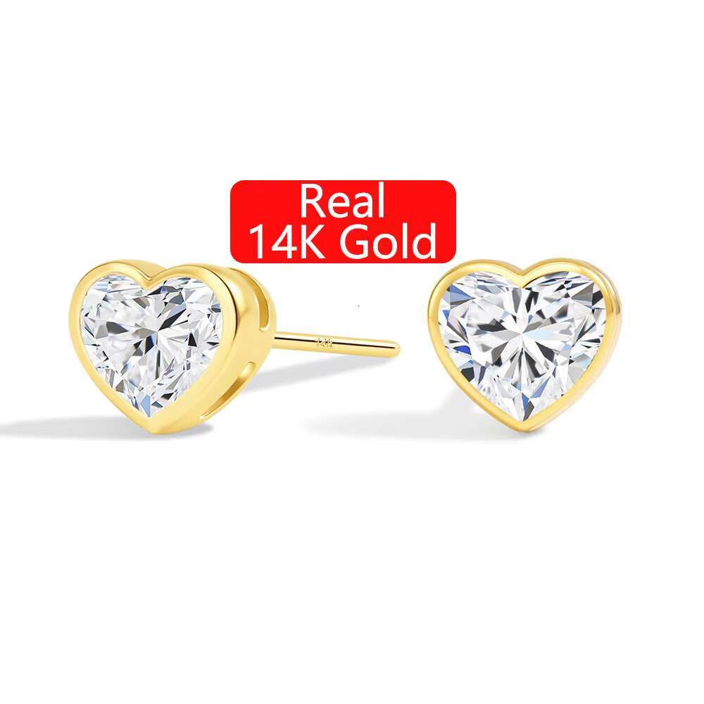 Wholesale Mini Gold Stud Heart Shaped Moissanite 1ct Valentines Day Gift Woman Real 14K Gold Hollow Lightweight Earrings