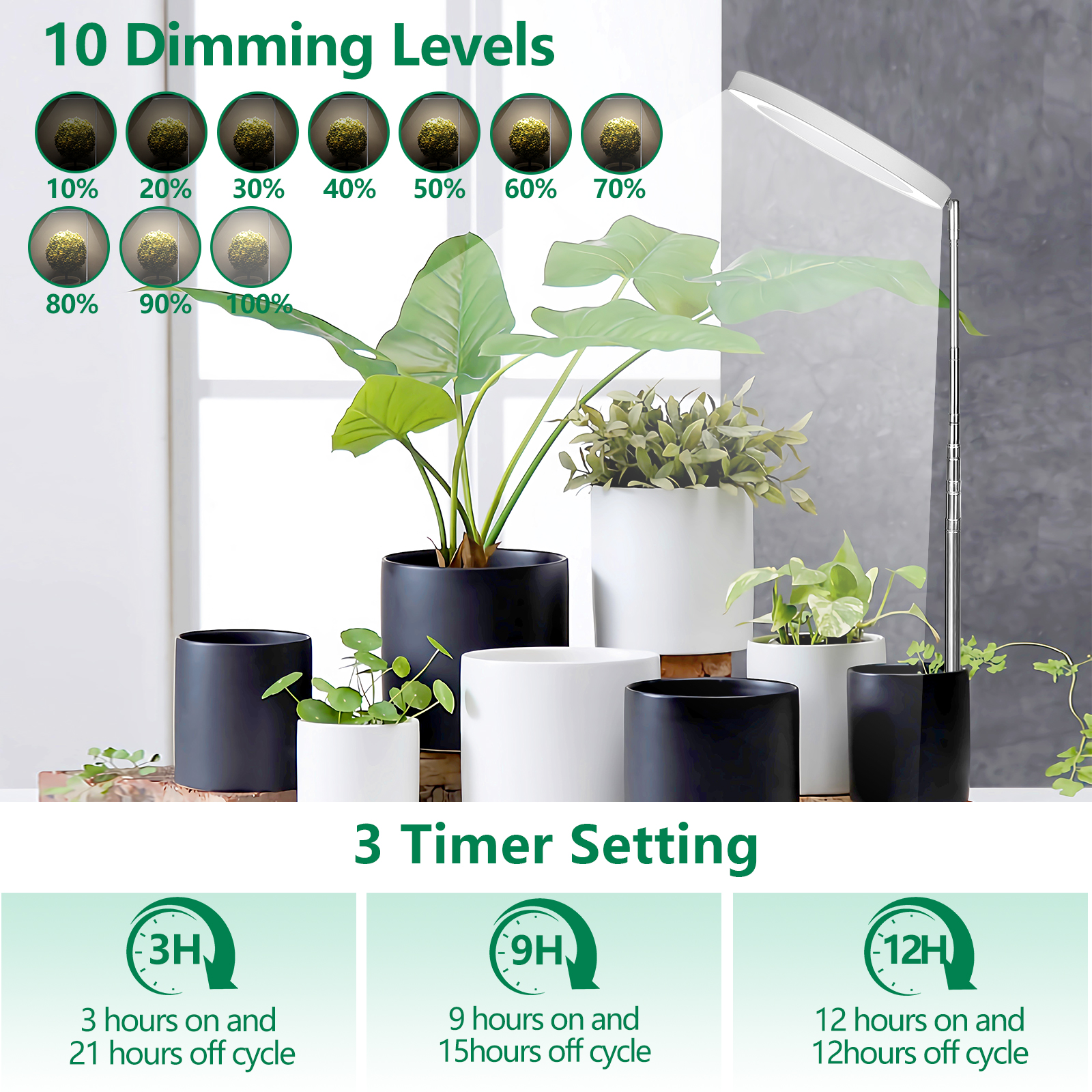 6.3 inch Grow Lights for Indoor Plants,Large Plant Light with 3 Timers, 10 Level Dimmable Brightness, Full Spectrum Plant Lamp, Height Adjustable for 