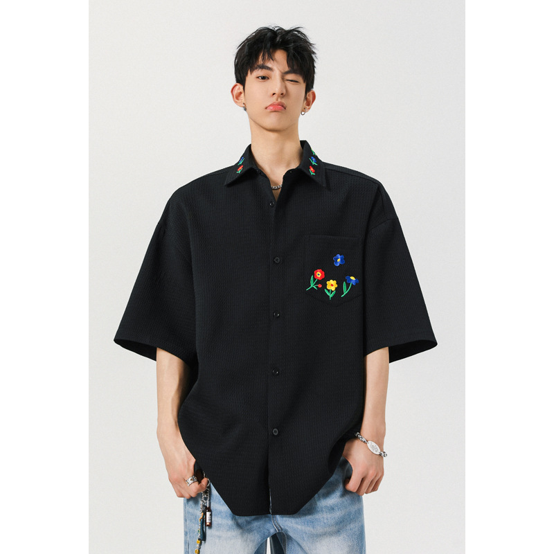 Men's Casual Shirts White Black Colorful Embroidered Flower Pattern Lapel M-5XL Plus Size Short Sleeve Shirt For Men Women