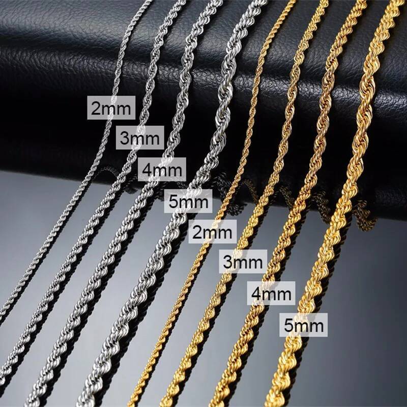 Men Ropes Long Stainless Steel Minimalist Twist Chain Necklace Available in Gold Sier Color 2 TO 5mm