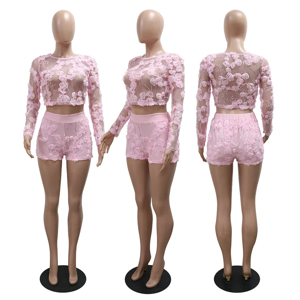 CMYAYA 3D Flower Womens Set Mesh See Through Long Sleeve Top and Shorts Suits 2025 Sweet Party Girl Two 2 Piece Sets Outfits 250612