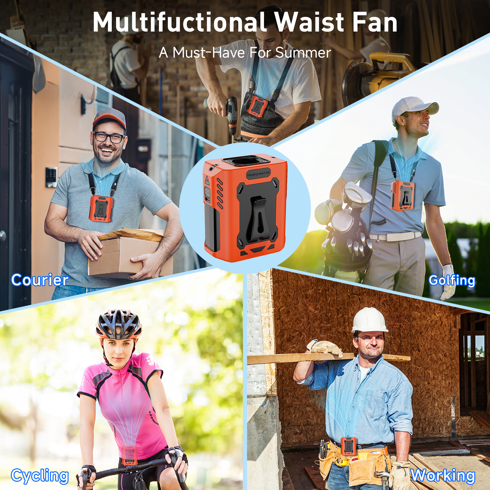 Multifunctional Hands-Free Waist Fan - 4000mAh Rechargeable High-Speed Turbofan, Clip-On/Neck/Desk Design for Outdoor Work, Cycling, Camping & Daily U
