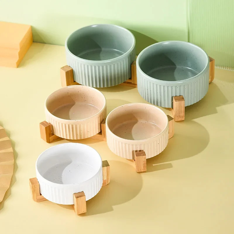 850ML Cat Double Ceramic Bowls Pet Food Water Feeding Supplies Small Medium Dogs Drink Eat Feeder with Wooden Stand 250612