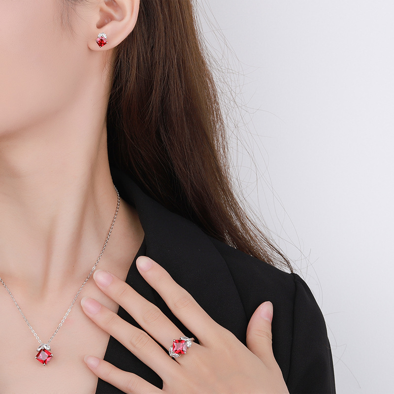 S925 Silver Simple Design Faux Ruby and Sapphire Square Ring and Earrings Set, Perfect for Daily Wear, Main Stone 99, Side Stone 66, Elegant Fashion W