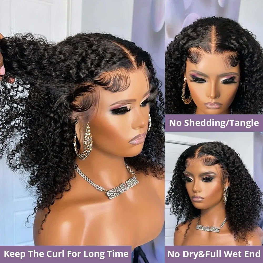 Short Bob Kinky Curly Human Hair Frontal Wig Lace Front Wigs Transparent Closure Human Hair Wig Natural Hairline Synthetic