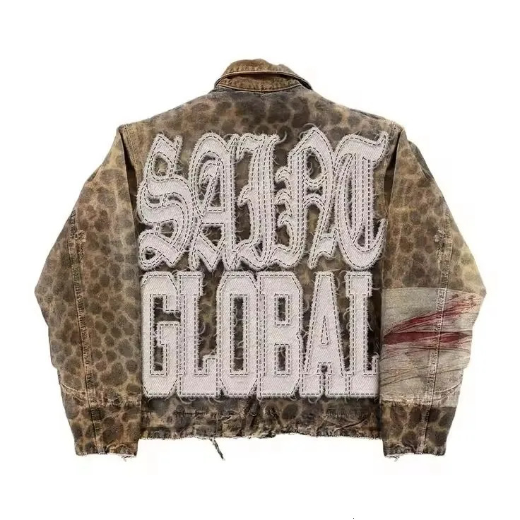 Vintage Leopard Camouflage Jeans Jacket Two Piece Y2K Suit Mens Womens Letters Patch Embroidery Oversized Coats Jeans Clothes 250606