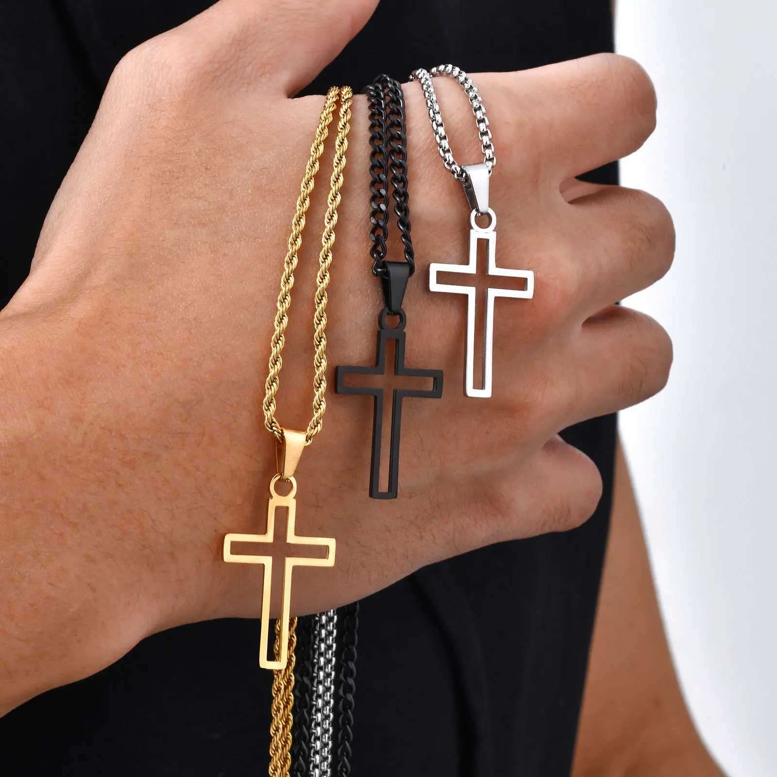 Casual Hollow Cross Necklaces for Men Boys Waterproof Stainless Steel Cross Pendant Necklace Religious Faith Prayer Jewelry Gift W250612