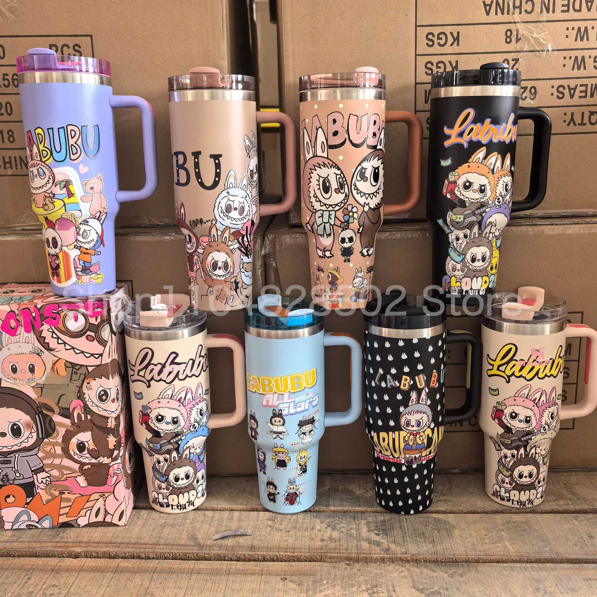 New labubu 40OZ stainless steel drum type tibial drive insulated cup with straw and lid large capacity car cup X250612