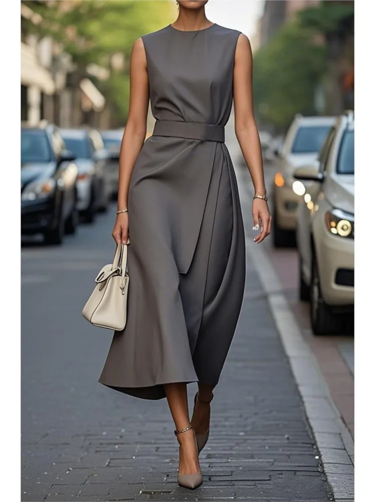 Fashion Casual Long Dress Female Sleeveless Oneck Solid Color Waistclosing Women Dresses Elegant Office Ladies Summer 250611