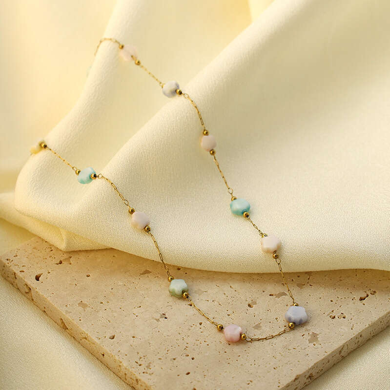 Hot Selling Dopamine Multicolor Geometric Pentagram Jewelry Natural Stone Bohemian Style Titanium Steel Necklace