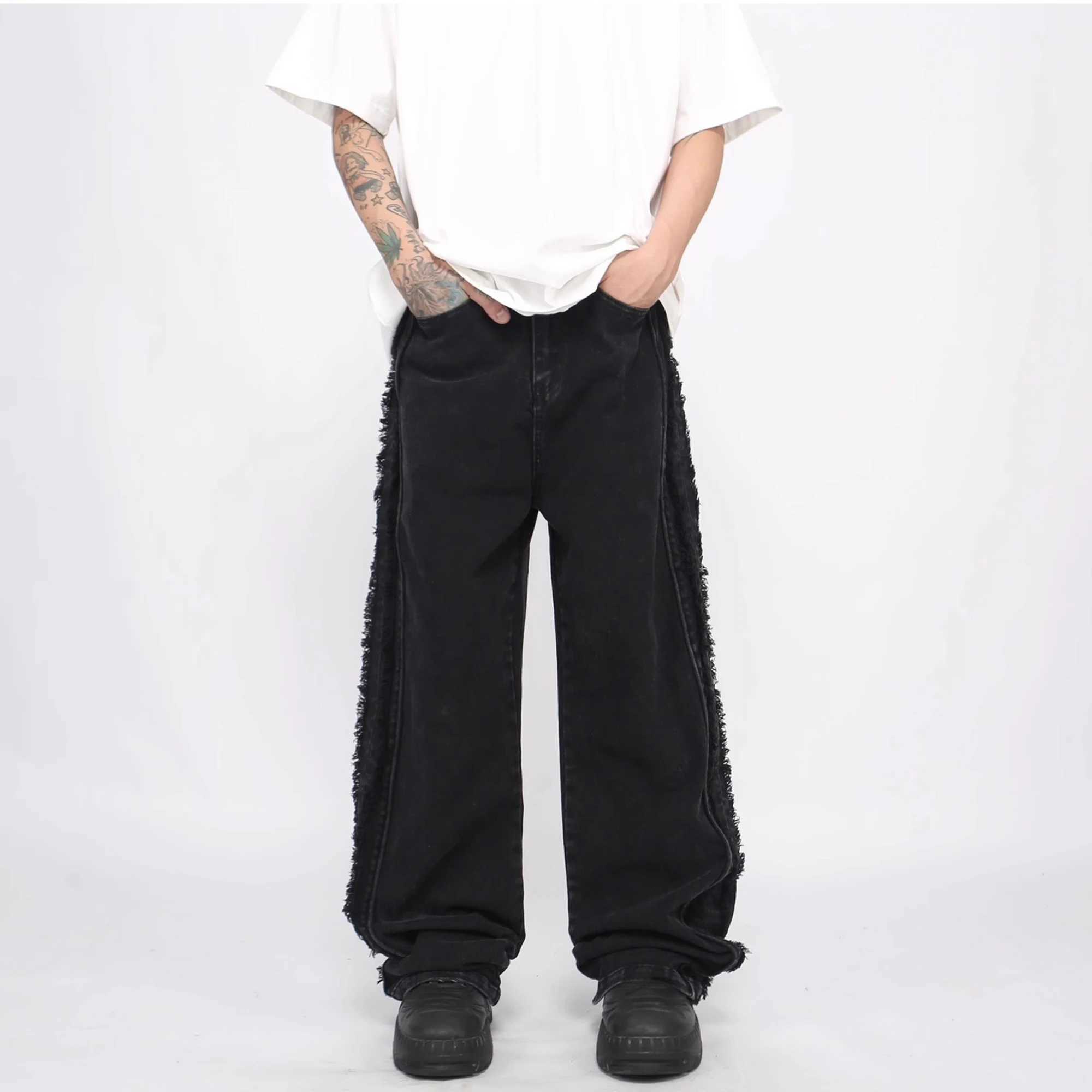 American Vintage Streetwear Raw Edges Vertical Striped Patchwork Jeans Y2k Mens Trendy Loose Couple Straight Leg Washed Jeans W250612