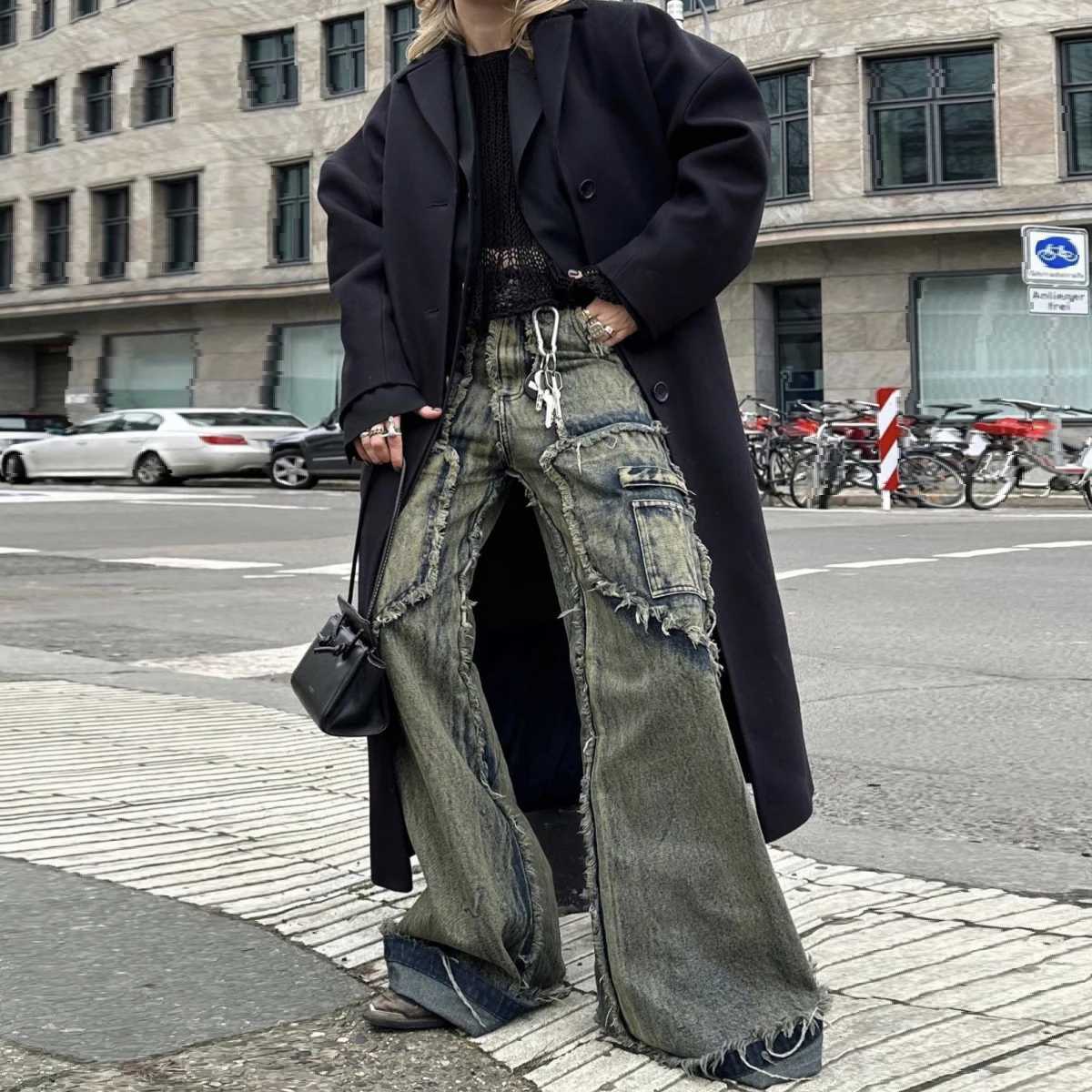 Mens Streetwear Y2k Heavy Craft Washed Flared Jeans Hip Hop Distressed Denim Pants Women Slim Straight Tassel Jeans Raw Edge W250612