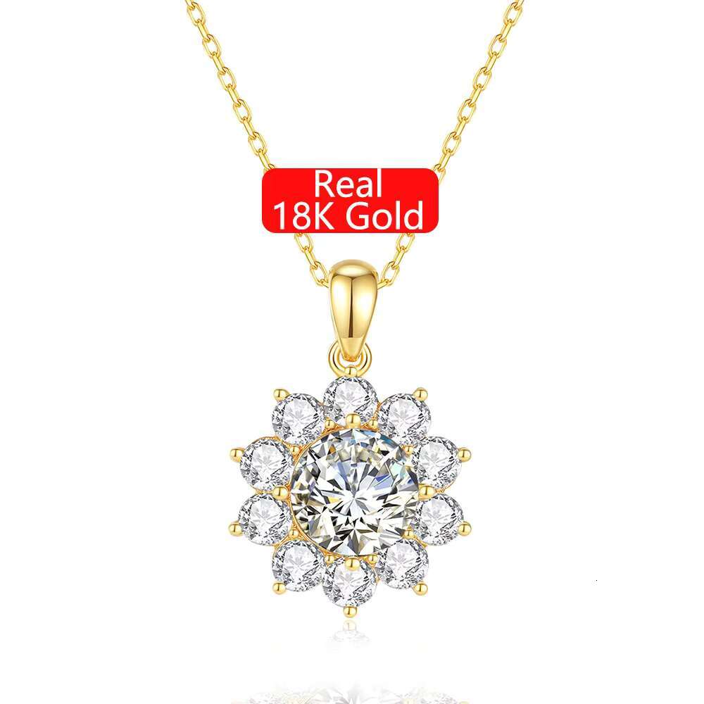 Classic Royal Jewelry Woman Engagement Sunflower 0.5 1 2 ct Moissanite Pendant 18K Gold 5D Necklace