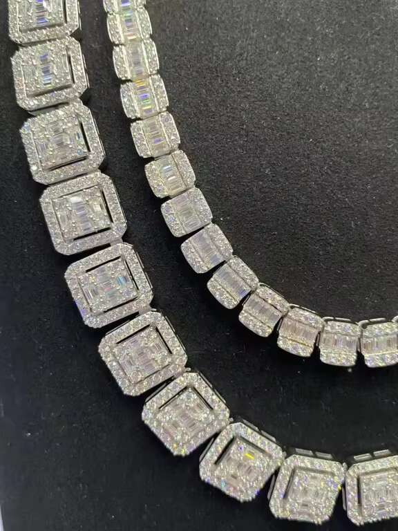 New Mens and Womens Square Necklace 925 Silver Baguette Diamond VVS Moissanite Luxury Cuban Chain