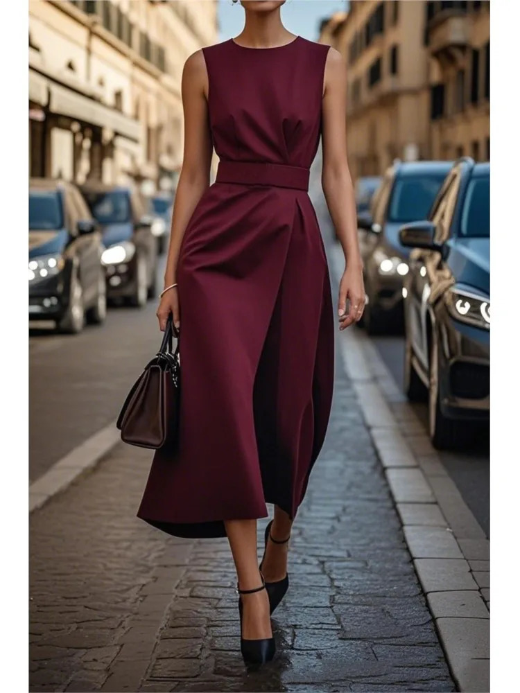 Fashion Casual Long Dress Female Sleeveless Oneck Solid Color Waistclosing Women Dresses Elegant Office Ladies Summer 250611