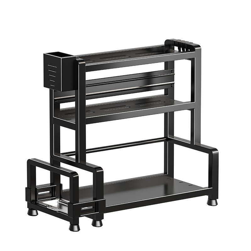 1pc Steel Multi-Tier Kitchen Organizer Rack Set - Space-Saving Countertop Storage With Hangers, Utensil Holder, Cutting Board Rack, Under Sink Shelf