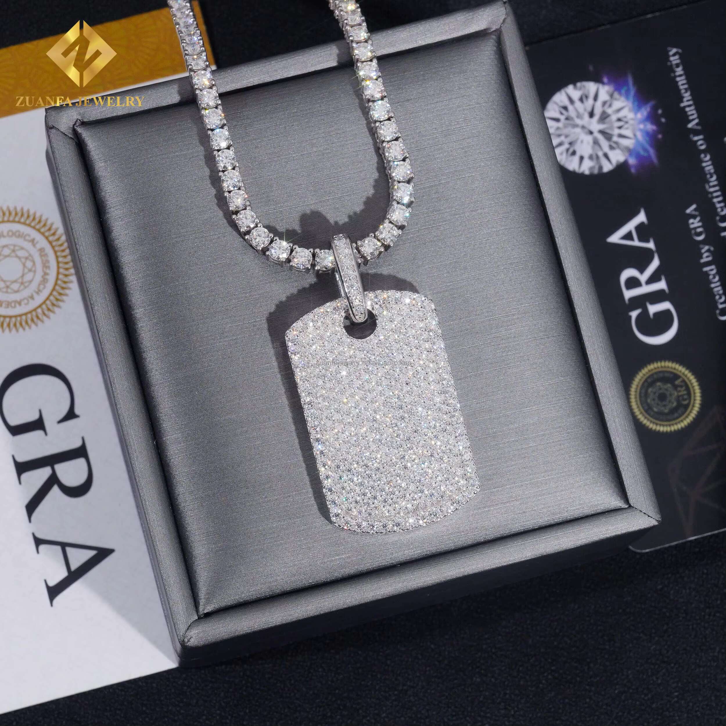 Lowest Factory Price Retail GRA Certificate Fully Iced Out Hip Hop Jewelry 925 Silver Moissanite Diamond Dog Tag Pendant Set