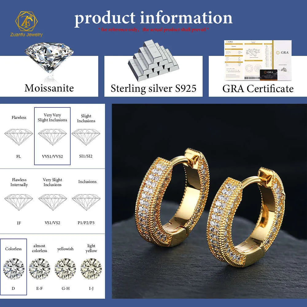 Gra Certificate Women Men Moissanite Dia Fashion Jewelry Sterg Sier Vvs Moissanite Hoop Earrings