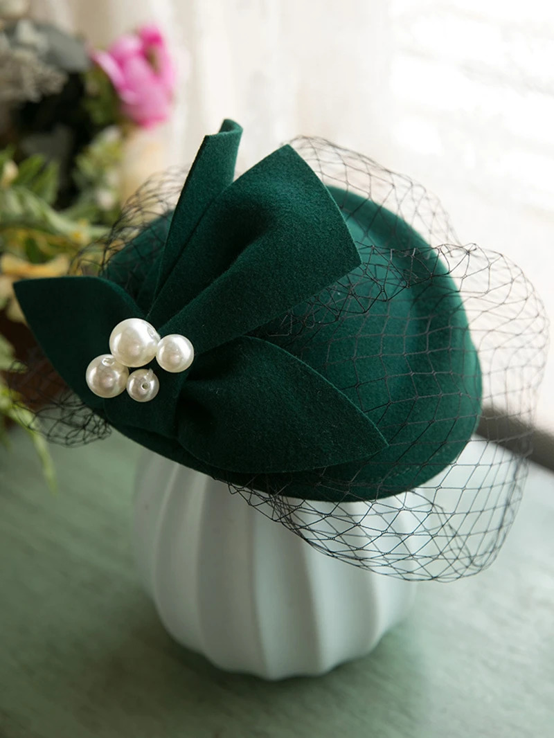 Winter Wool Bow Hat with VeilLadies Elegant French Style Party Wedding Bridal FascinatorWomen Vintage Ascot Derby Hat 250610