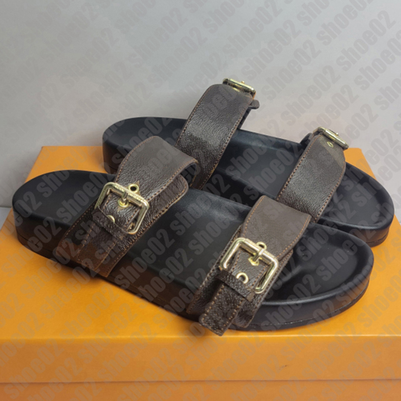 Designer sandals men's and women's slippers brown slippers with two adjustable buckles summer flat shoes sexy leather thick soled shoes 55555